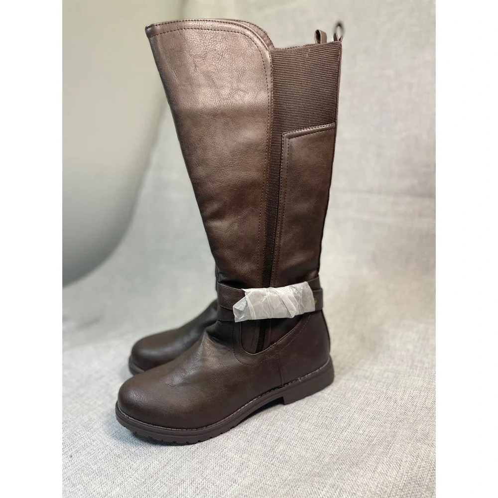GC Shoes Women Size 8 Brown Faux Leather Riding Boots Knee‎ High Buckle Zip